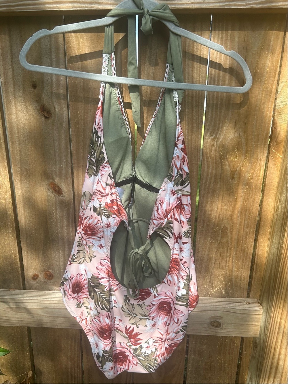 Kona Sol Pink Floral One-Piece Swimsuit with Olive Ties size large - Picture 9 of 11